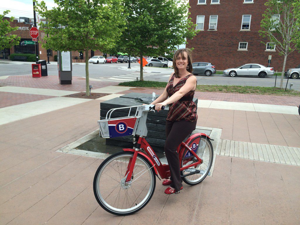 Jennifer Haddaway  with INCOG takes a spin on bike recently to display options for the city's bike-share program. Courtesy