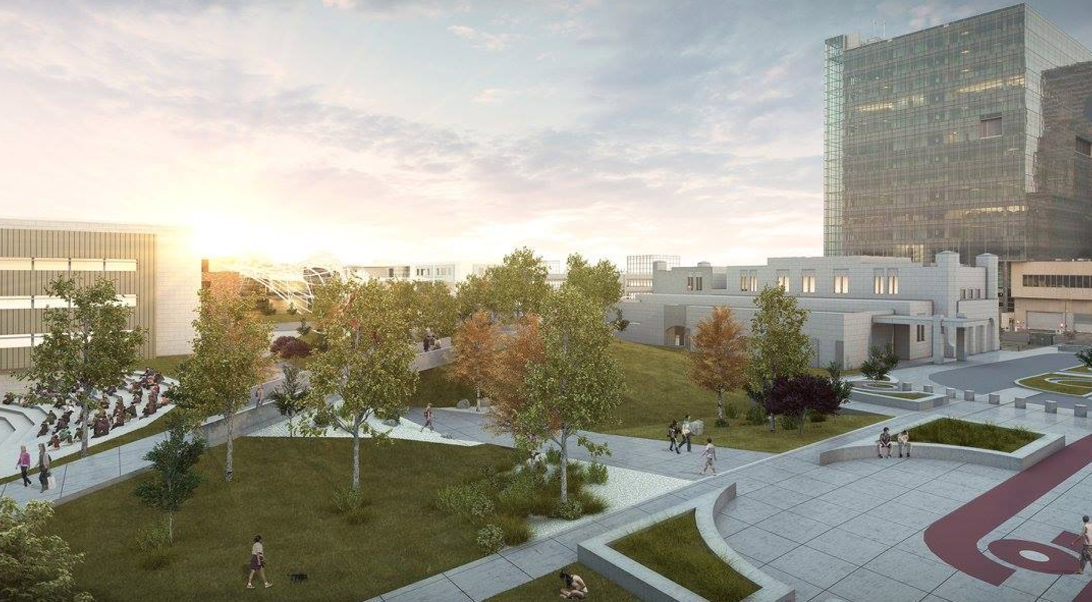 This conceptual rendering shows raised park space near the Union Depot building downtown as envisioned as part of City Councilor Blake Ewing's downtown transit hub. Rendering provided by kin slow, keith & todd, inc.