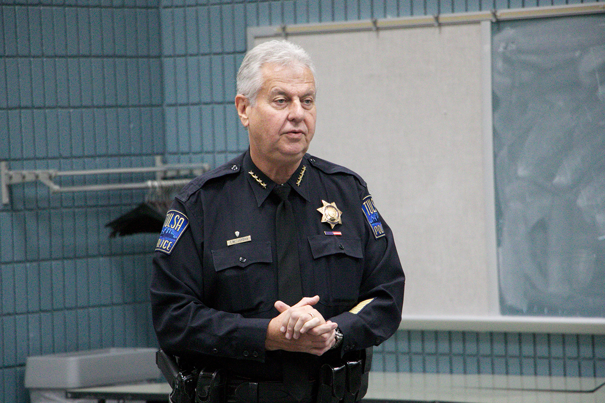 Police Chief Chuck Jordan speaks at the police training academy last month. The draft version of an independent study of city's police manpower found that the department could use approximately 200 more officers.  DYLAN GOFORTH