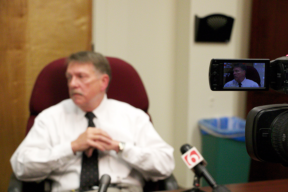 A TV camera films Tulsa County Undersheriff Rick Weigel talking to the media Wednesday, Oct. 14, 2015. DYLAN GOFORTH/The Frontier