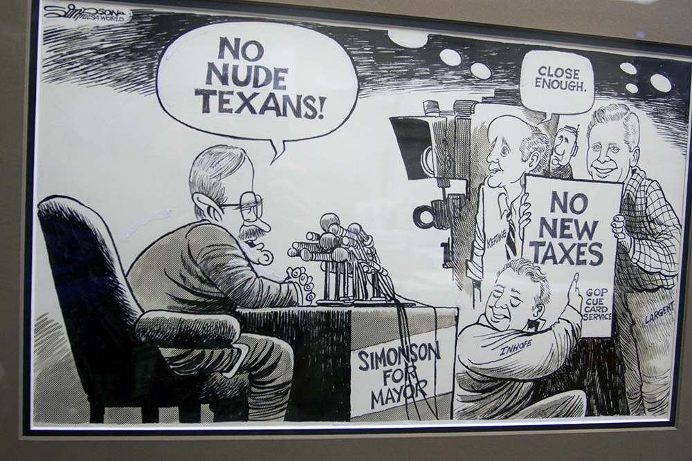 This Tulsa World cartoon on Terry Simonson's 1998 run for mayor hangs in his office at the Tulsa County Courthouse./DYLAN GOFORTH/The Frontier