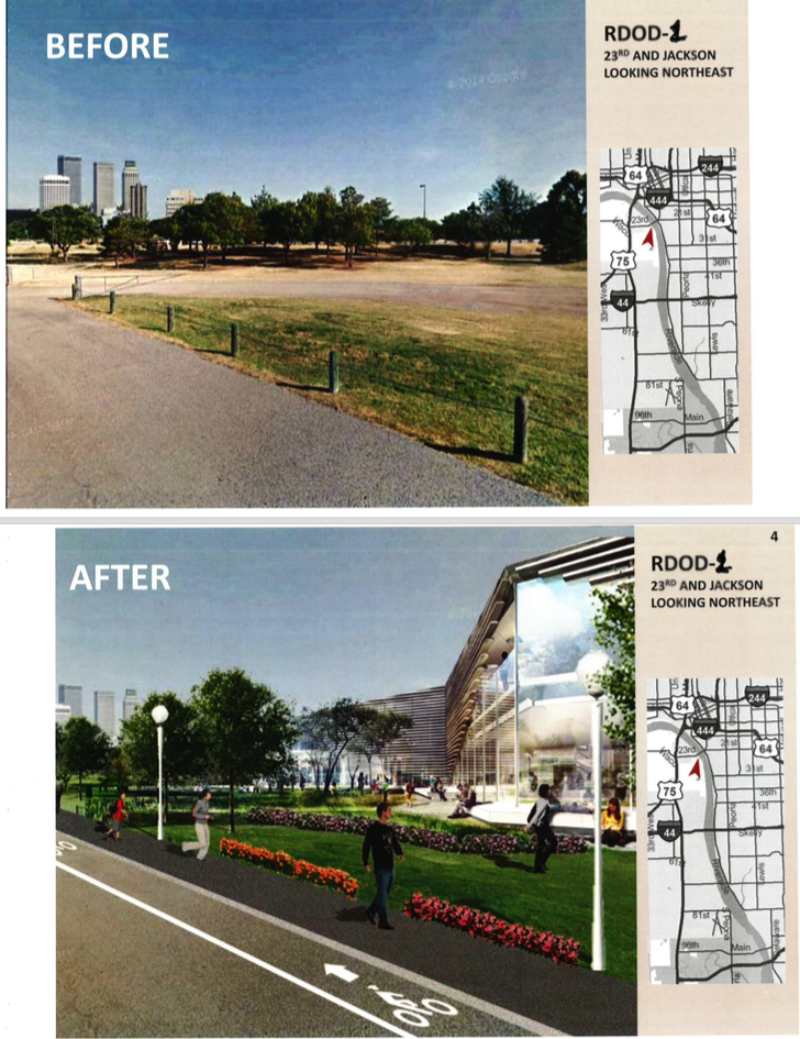This before and after graphic shows an example of what could be built at the city' maintenance facility at 23rd Street and Jackson Avenue. The rendering is not part of a proposal for development. Courtesy
