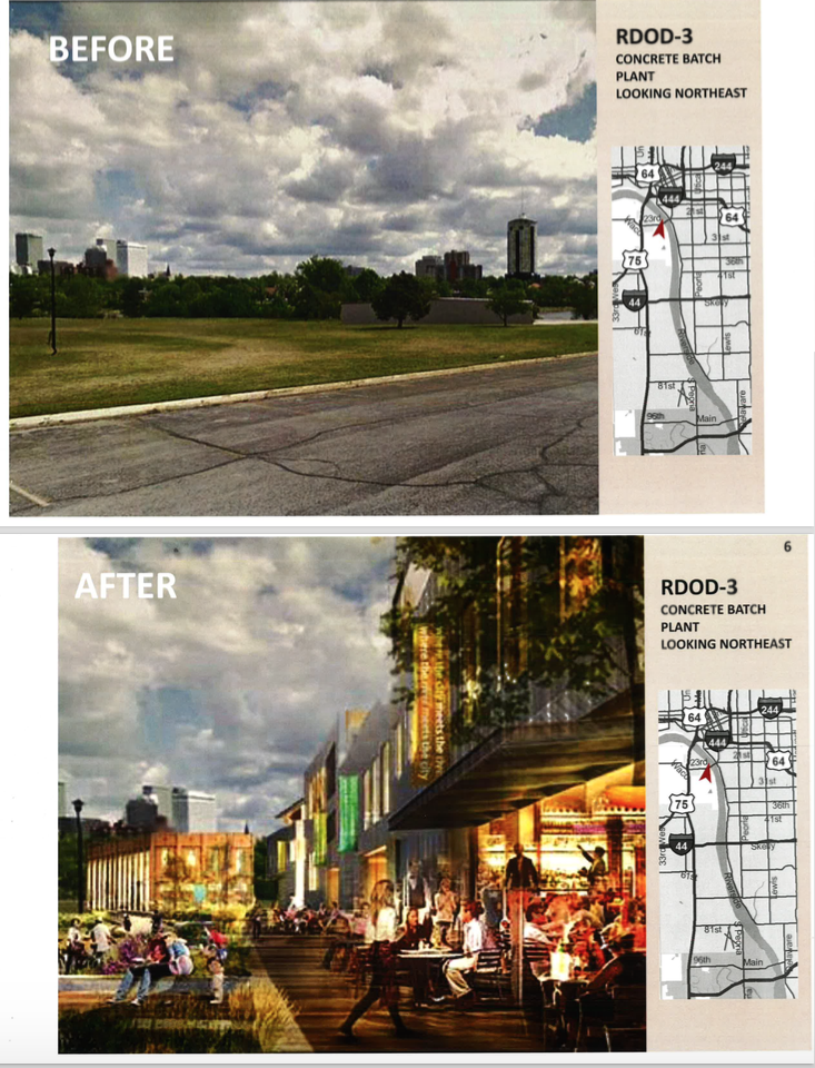 This before-and-after graphic shows what type of development could be built on the site of the concrete plant on the west side of the Arkansas River. The rendering is not part of a development proposal. COURTESY